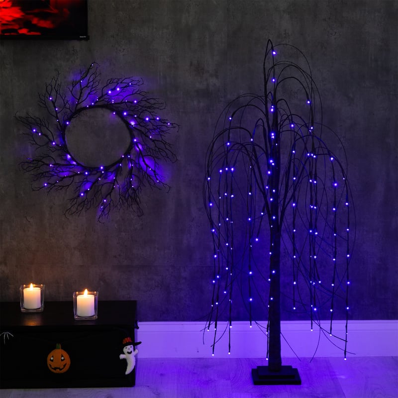 Pre-Lit Black Willow Artificial Halloween Tree - 4' - Dual Color LED Lights - 3-to-6-feet