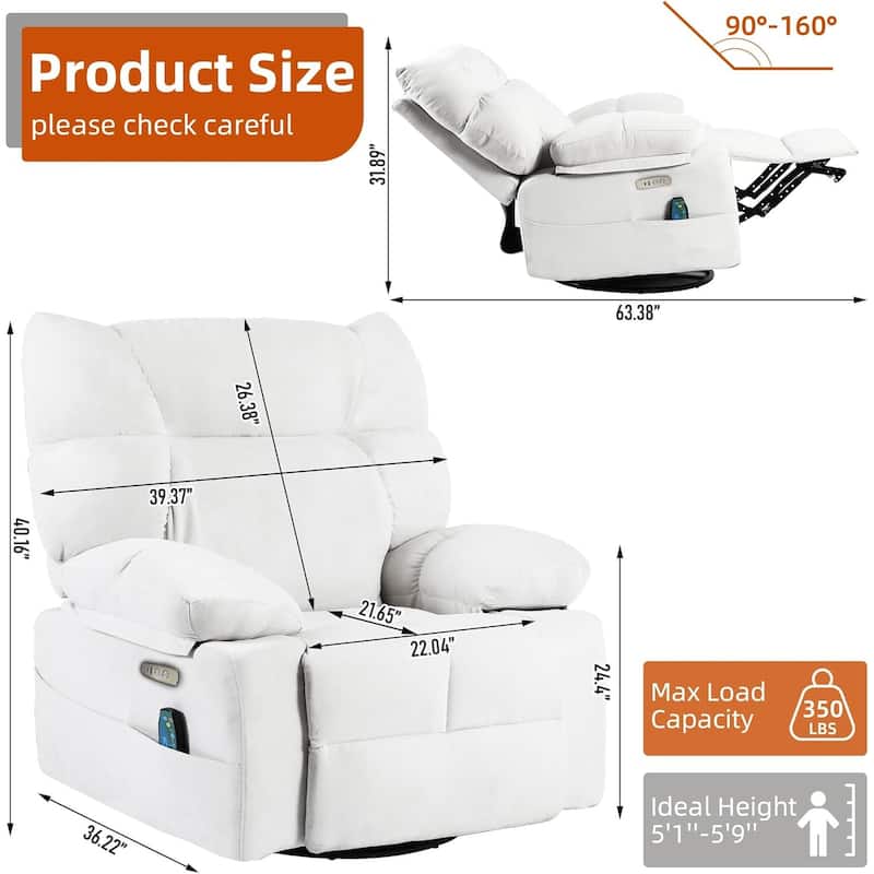 XINMICS Swivel Recliner Chair, Glider Rocking Power Recliner with Massage and Heated (Set of 2)