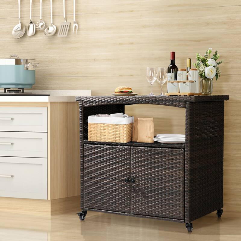 Outdoor Bar Cart with Storage Cabinet and Rolling Wheels - 39.4" x 21.7" x 34.6"