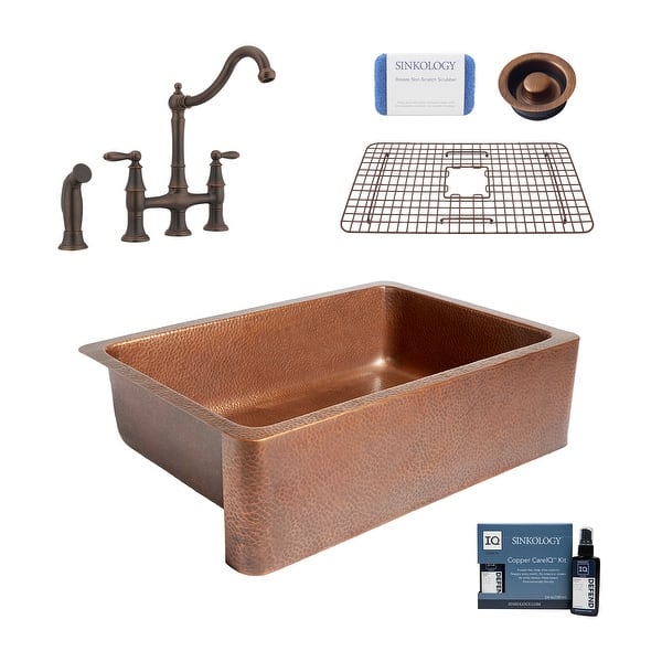 slide 1 of 4, Adams 33" Farmhouse Copper Kitchen Sink with Bridge Faucet and Disposal Drain