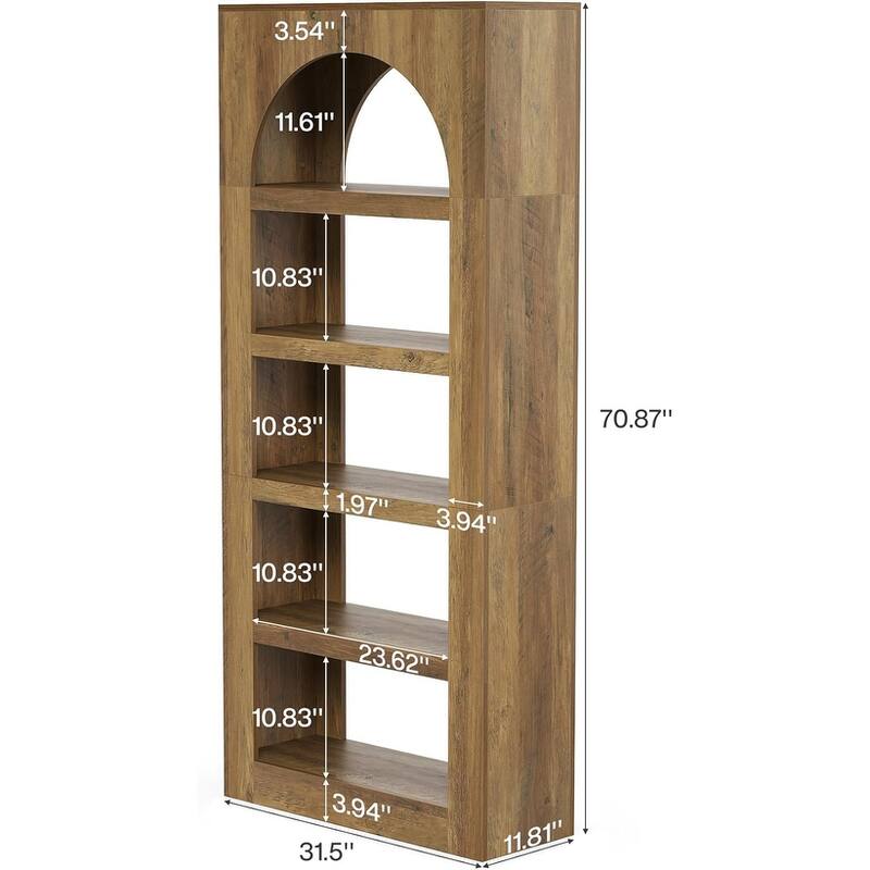 5-Tier Arched Bookshelf, 70.8 Inches Modern Wooden Bookcase with Storage - 31.5" W x 11.8" D x 70.8" H
