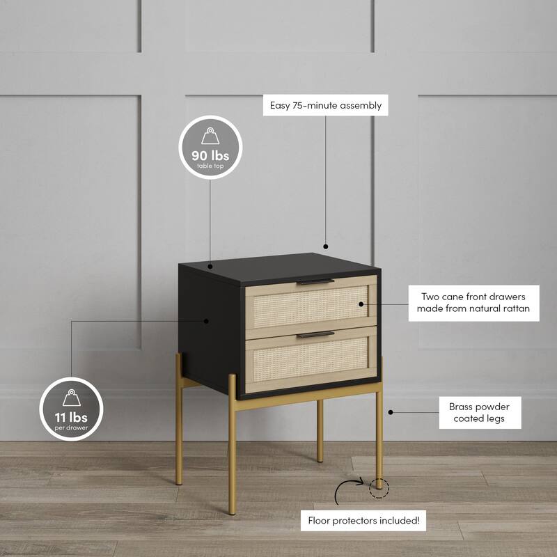 Nathan James Andrew Rattan End Side Table Storage Doors Gold Accents