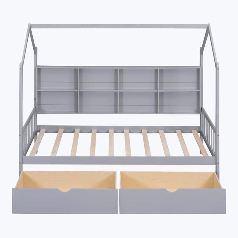 Comfortable Wooden House Bed with 2 Drawers,Kids Bed with Storage Shelf