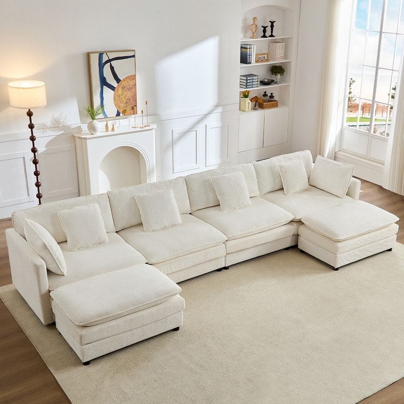 Mixoy 148''Oversized Modular Sectional Sofa, U-Shaped 6-Seater Corduroy Upholstered Deep Seat Sofa with 2 Movable Ottomans - 4+2 - Beige - Reversible