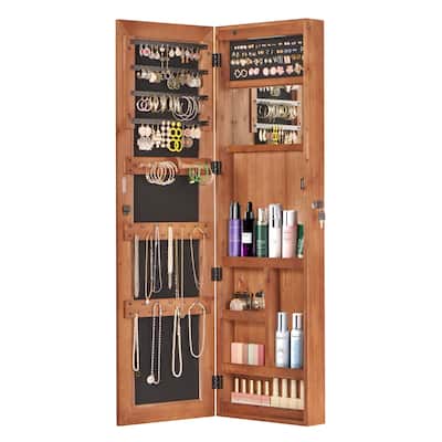 Anmytek Wall-Mounted Lockable Solid Wood Jewelry Armoire with LED Light and Full-Length Mirror