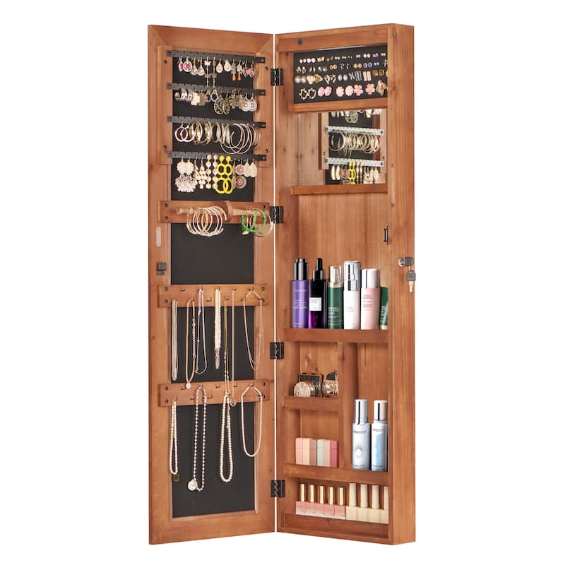 Solid Wood Jewelry Armoire Organizer Cabinet with Full-Length Mirror, 47.5x14.3 in Wall-Mounted Lockable with LED Light - Brown