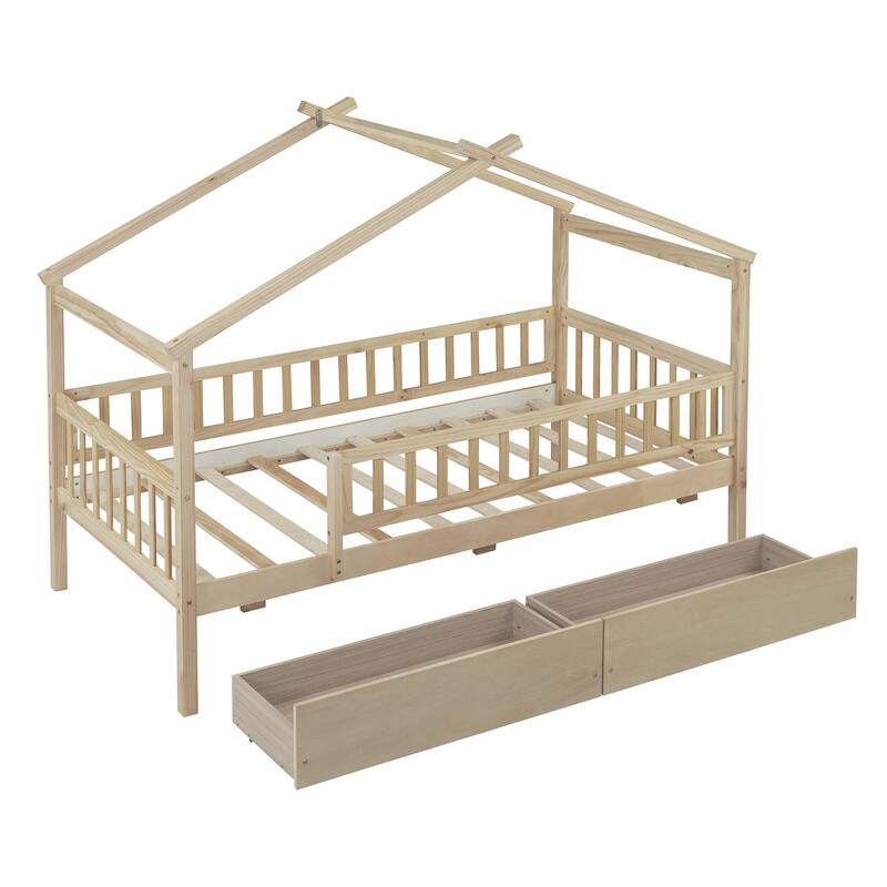 Twin Size Wooden House Bed with Two Drawers