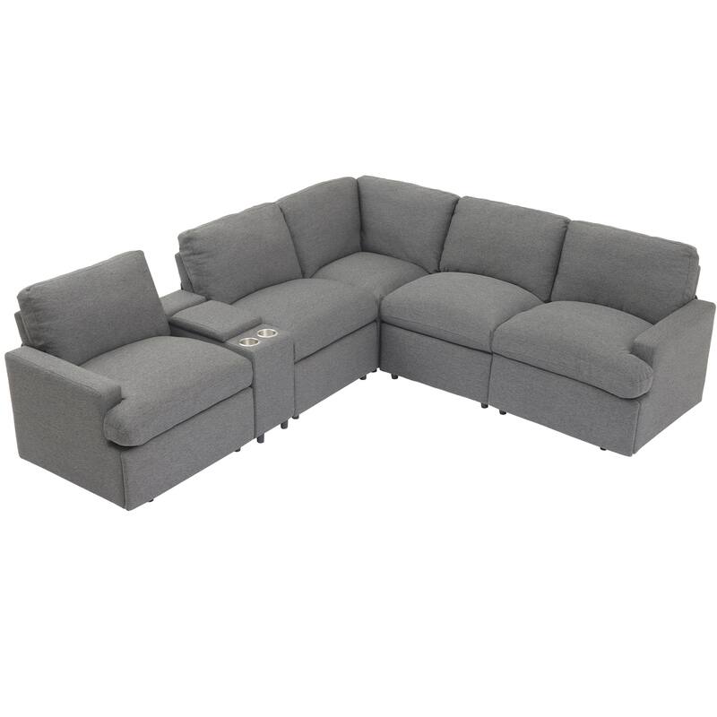 104" Linen Recliner Sectional Sofa (4-Seater) with Storage, USB & Cup Holders