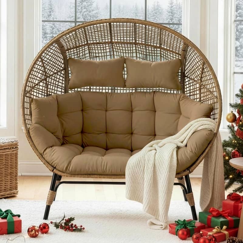 FINCATI 2-Person Indoor/Outdoor Wicker Egg Chair Loveseat, 57.1-in Wide, 6.5-in Cushion, 680-lb Capacity