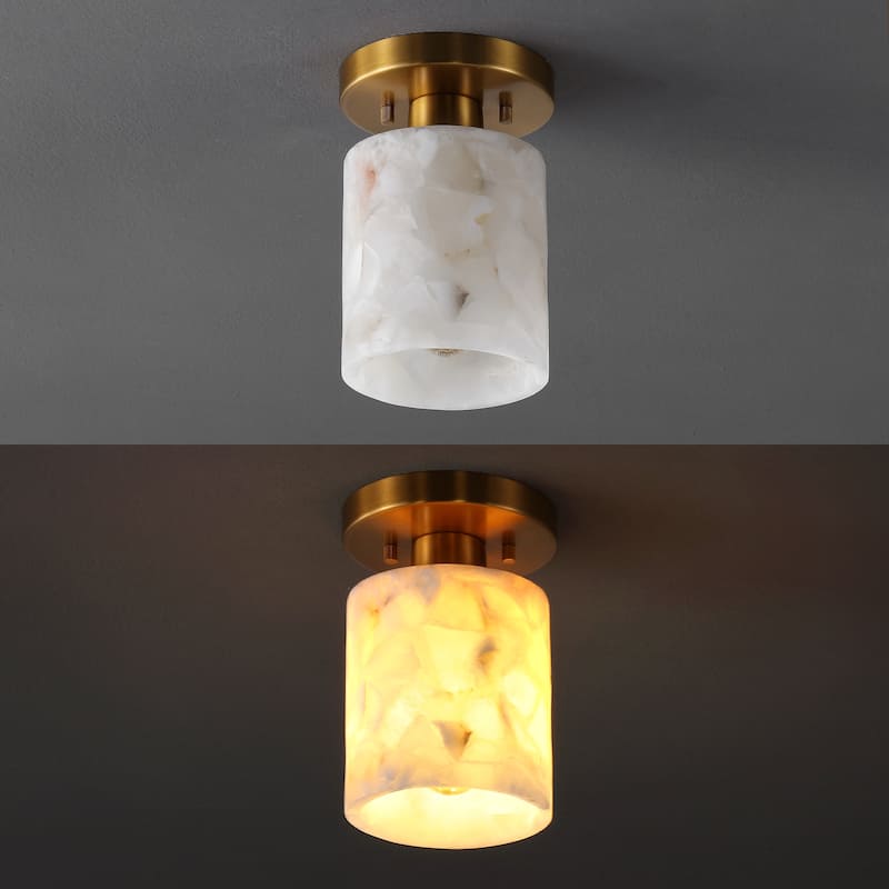 Hadley 5.13" 1-Light Modern Contemporary Alabaster/Iron Cylinder LED Semi Flush Mount, White Marbling/Brass Gold by JONATHAN Y