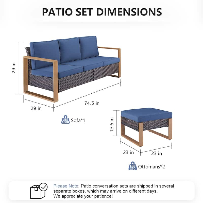 Pocassy 3 Pieces Outoor Patio Sofa Chair Ottoman Set
