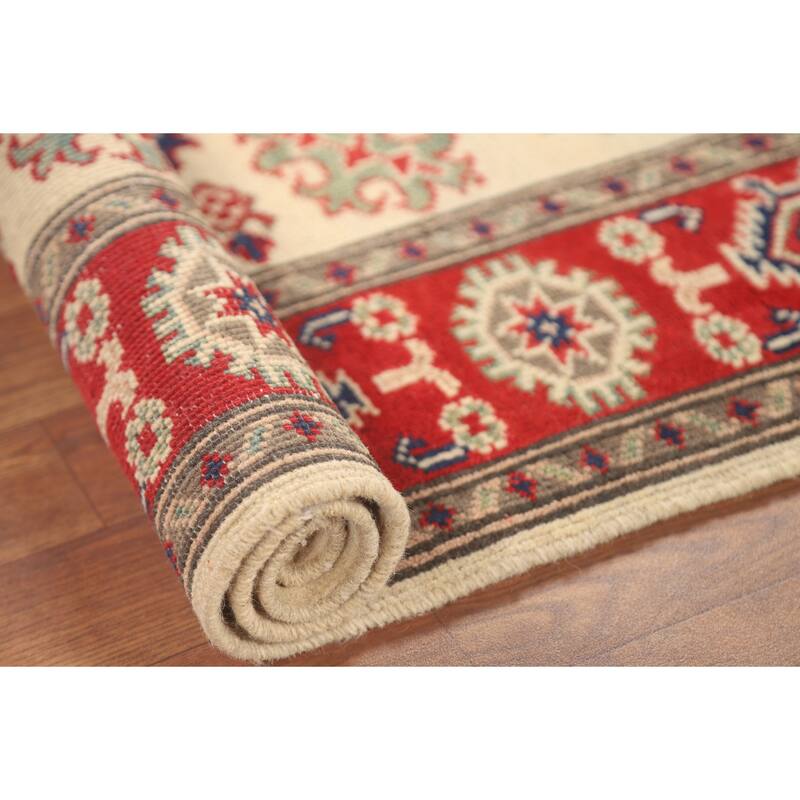 Geometric Kazak Accent Rug Hand-Knotted Beige Wool Carpet - 3'2" x 4'1"