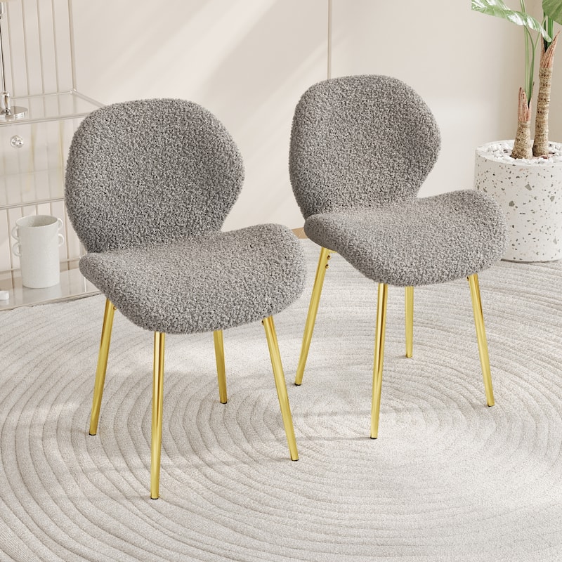GDFStudio - Calrix Minimalist Teddy Velvet Upholstered Dining Chair Set, Sturdy Golden Metal Legs & Sculpted Backrest, Set of 2 - Grey