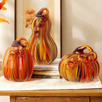 Glitzhome Multi Striped Fall Harvest Glass Pumpkins Halloween Thanksgiving Festival Decorations