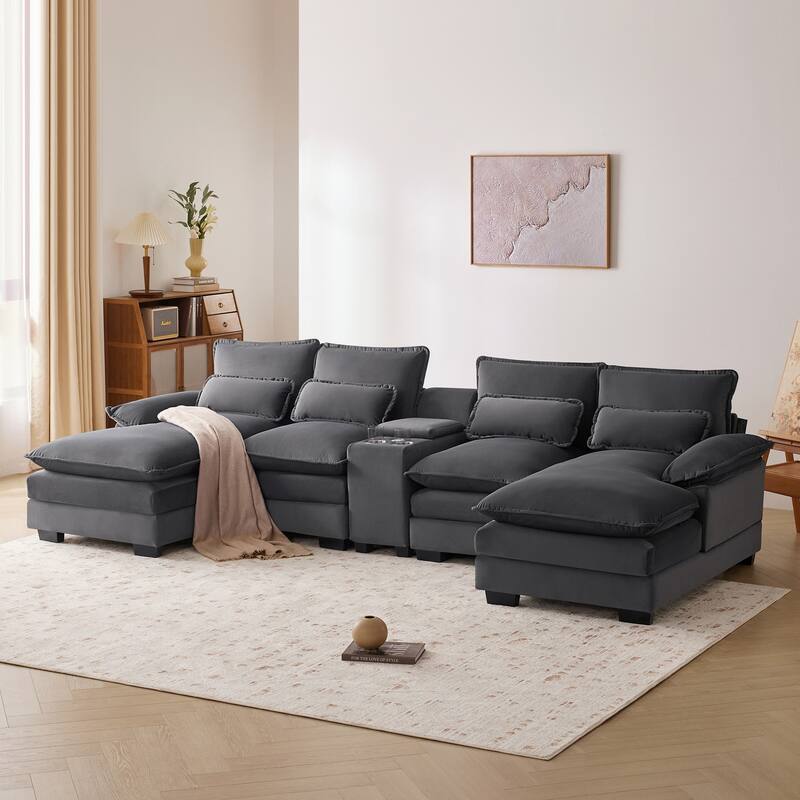 U-Shaped Sleeper Sofa with Storage Console, USB Ports, Cupholders, 6-Seat Chenille/Velvet Couch with Double Chaise