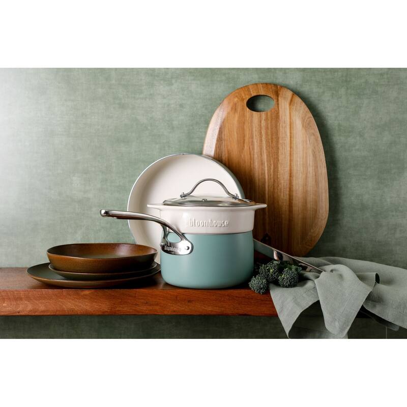 Bloomhouse 4-Piece Aluminum Cookware Set w/ Non-Stick Non-Toxic Ceramic Interior and Ceramic Steamer Insert