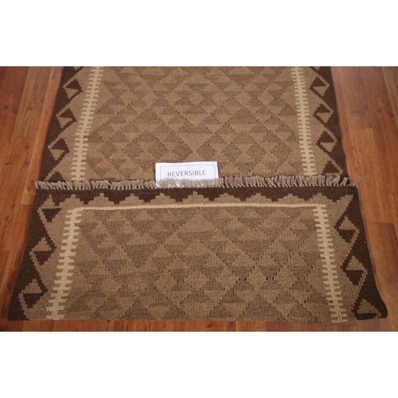 Reversible Brown Kilim Oriental Area Rug Hand-woven Wool Carpet - 3'3" x 4'11"