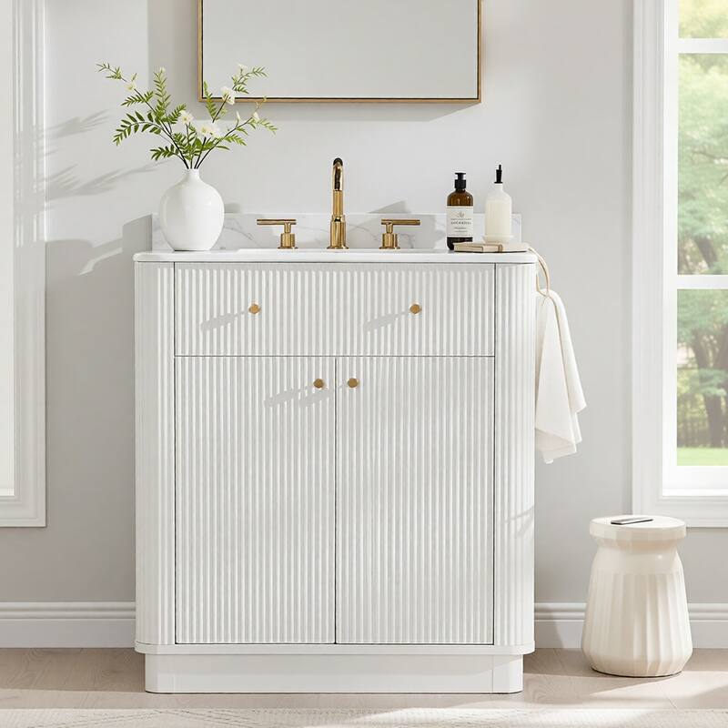 Fluted Bathroom Vanity with Sink, Storage Cabinet & Adjustable Shelf - White