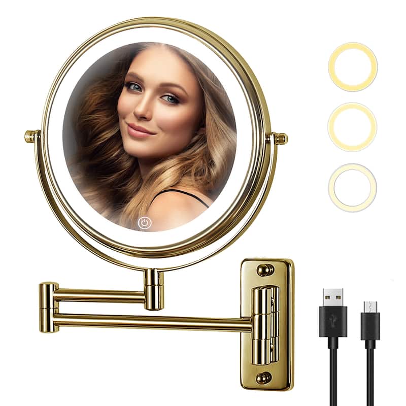 Yulika Plug-in Wall Mounted Makeup Mirror Magnifying Mirror with Light 1X/10X or 1X/7X - Gold-10X