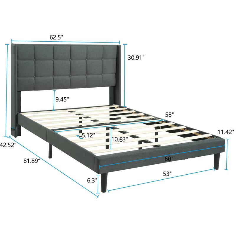 Queen Size Upholstered Platform Bed Frame with Button Tufted Linen Fabric Headboard, No Box Spring Needed, Wood Slat Support