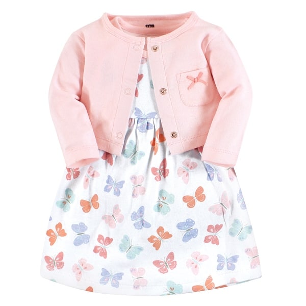 slide 1 of 1, Hudson Baby Toddler Girl Cotton Dress and Cardigan Set, Pastel Butterfly 4T - Pastel Butterfly
