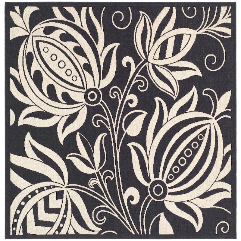 SAFAVIEH Courtyard Leatrice Indoor/ Outdoor Patio Backyard Rug - 6'7" x 6'7" Square - Black/Sand