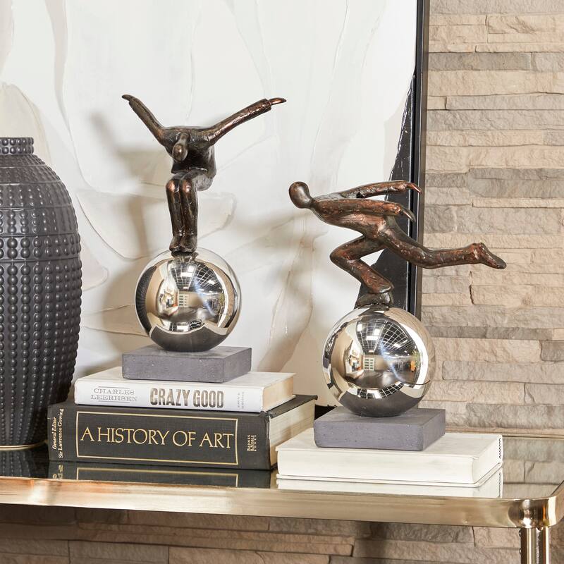 Bronze Polystone People Sculpture with Silver Ball Stands (Set of 2) - Bronze