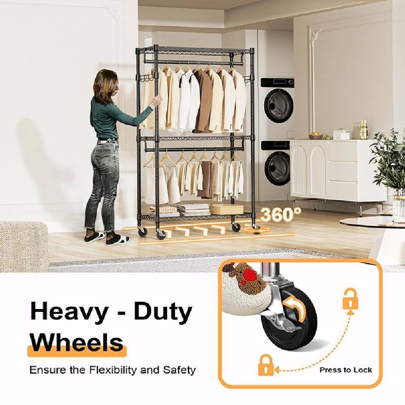 Heavy Duty Rolling Garment Rack with Wheels, 3-Tier Adjustable Wire Shelving, Clothes Rack with 2 Rods & Side Hooks