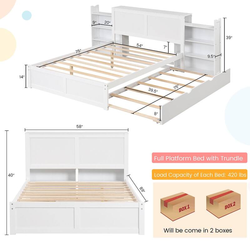 Gymax Full/Twin Wooden Platform Bed with Trundle Storage Headboard