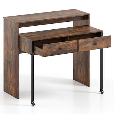 Multifunctional Natural Engineered Wood Extendable Desk with 2 Drawers