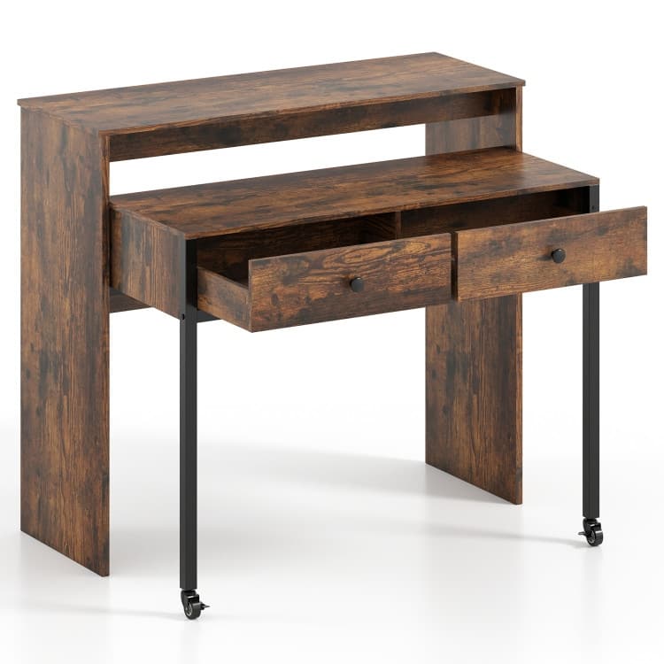 Multifunctional Natural Engineered Wood Extendable Desk with 2 Drawers