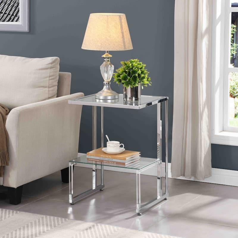 Modern Side Table, 2-Tier Acrylic Glass End Table for Living Room&Bedroom