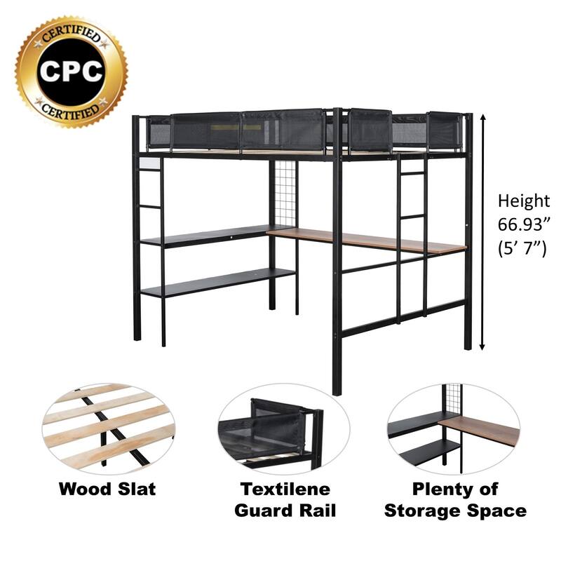 Full Size Metal Loft Bed with Desk, Shelves, and Guardrail
