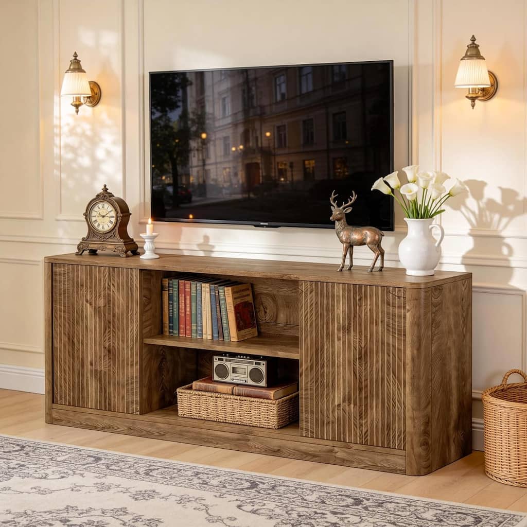 63" TV Stand with Open Storage & Side Cabinets for TVs Up to 65", Fluted Media Console Entertainment Center