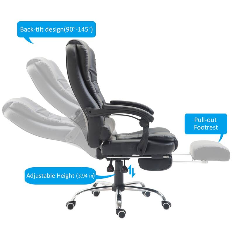 HomCom Reclining PU Leather Executive Home Office Chair with Comfortable Faux Leather & Extendable Footrest, Black