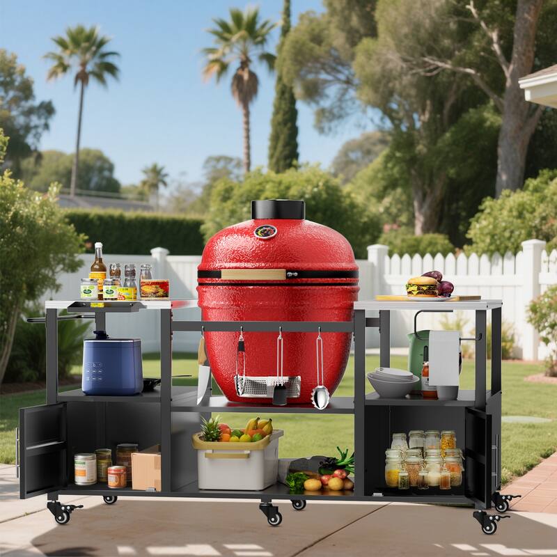 Outdoor BBQ Grill Cart with Storage Box for Kamado Style Grills - 67.1” x 27.7” x 30.5”