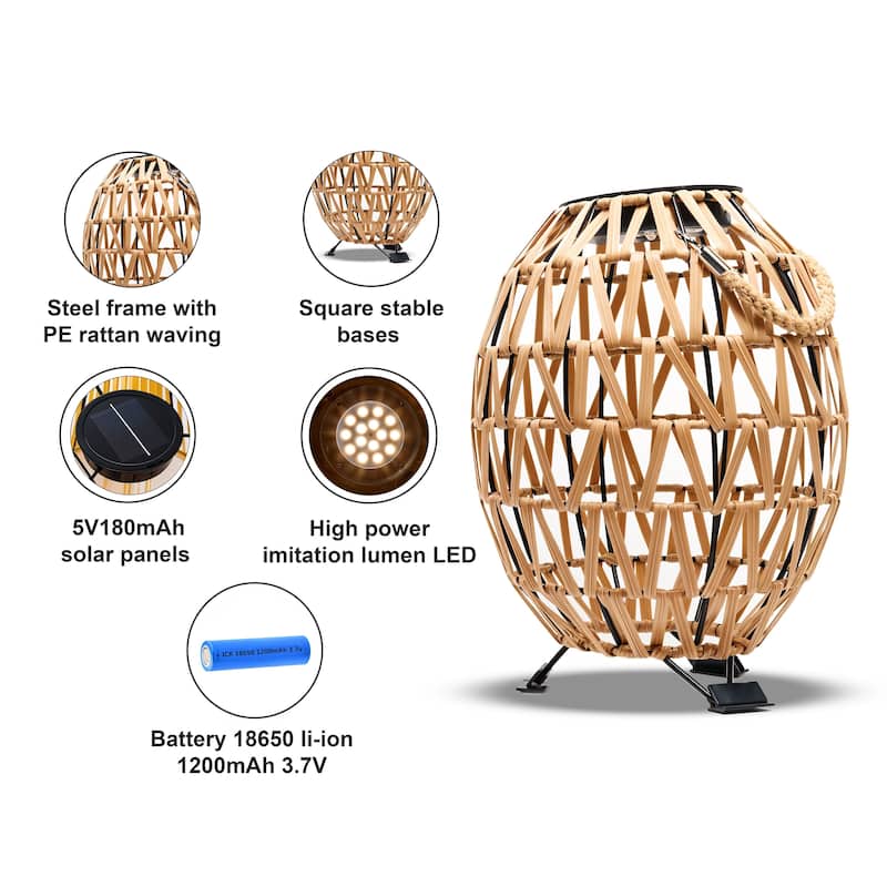 Solar Wicker Lantern Outdoor Rattan Light with LED 11"x15" Waterproof