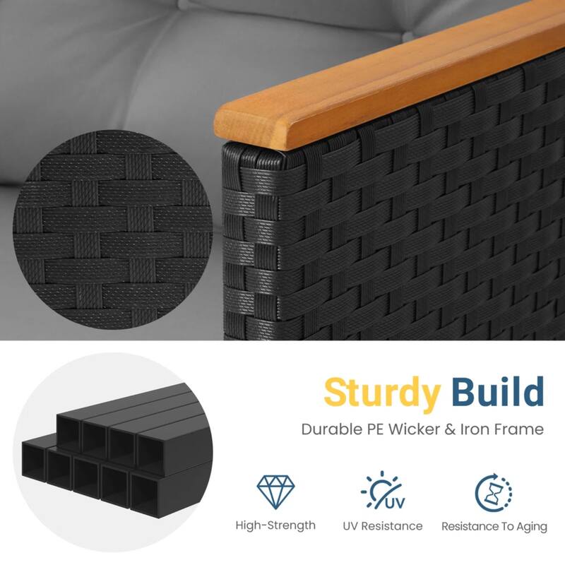 3-Piece L-Shaped Wicker Set with Gray Cushions and Acacia Wood Storage Table