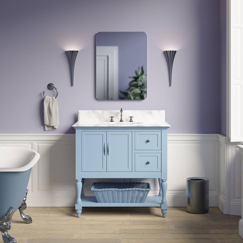 KitchenBathCollection Beverly 36" BathroomVanity w/ Carrara Marble Top - Powder Blue