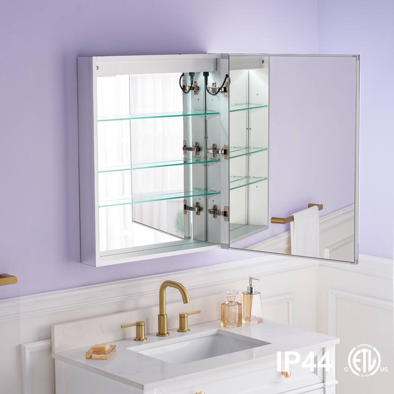 Recessed or Surface 30" H LED Mirror Cabinet with Adjustable Glass Shelves,Defogger, Dimmer And Outlets & USB Ports