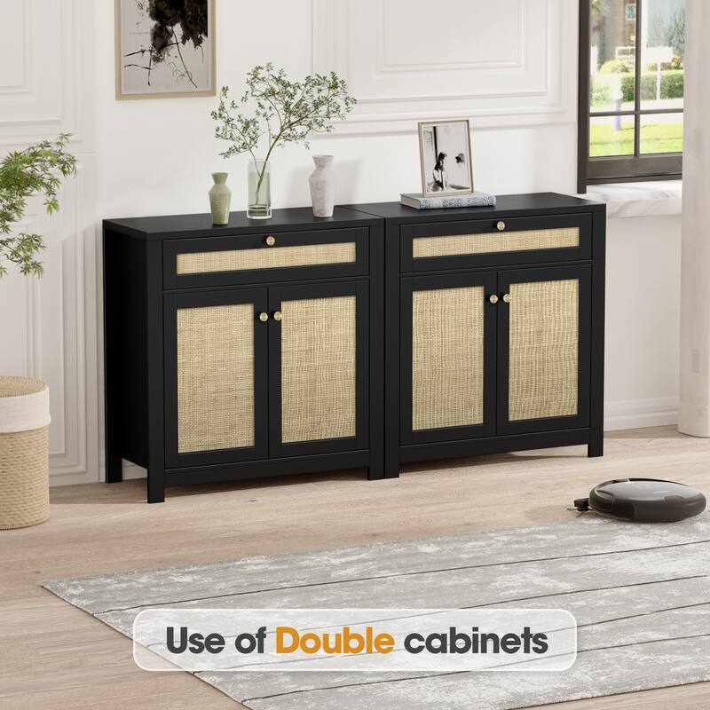 Anmytek Black 2 Door Storage Cabinet with Drawer Farmhouse Rattan Sideboard Buffet 31.5"W x 13.7"D x 32.8"H