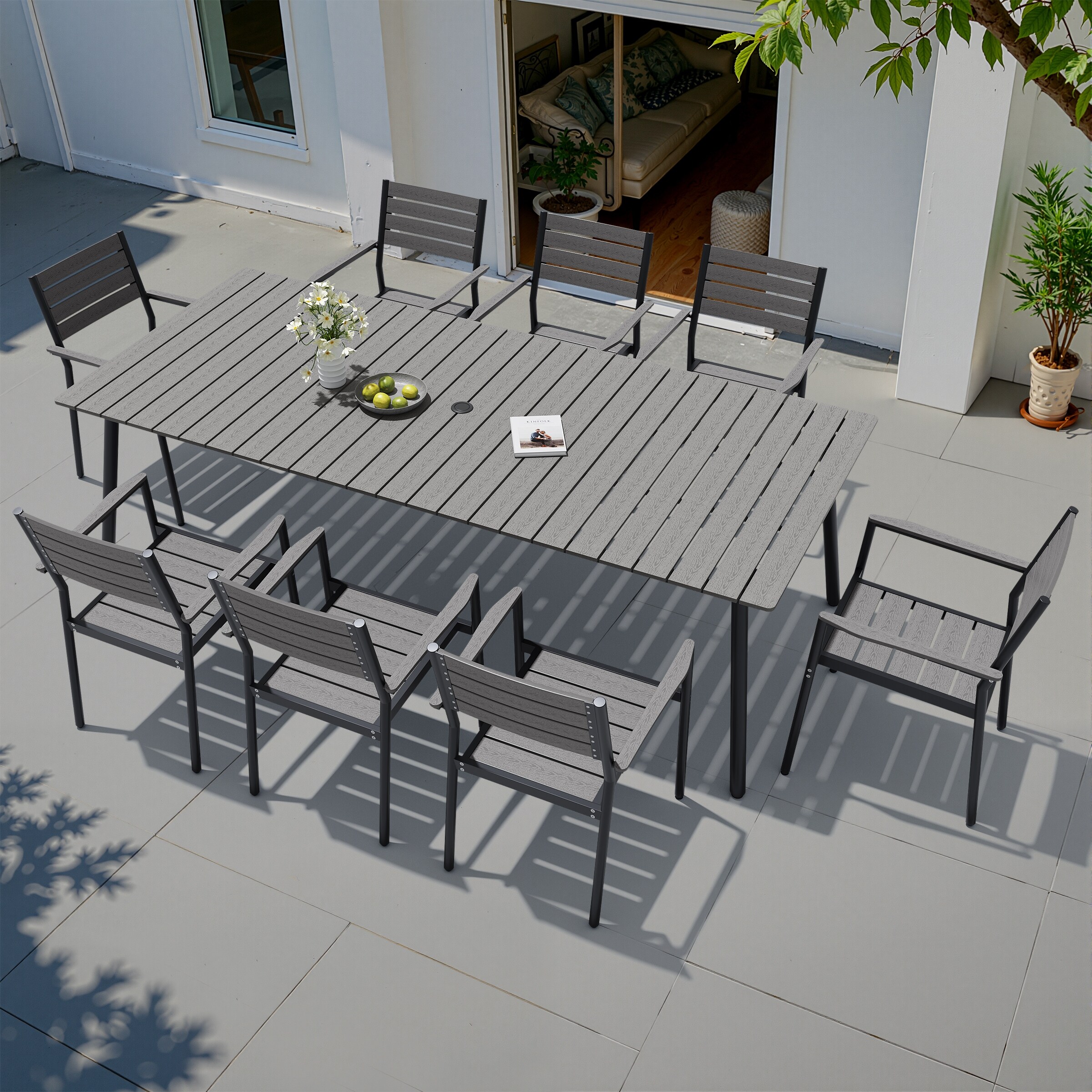 9-Piece Outdoor Patio Dining Set Wood-Like Table Top Aluminum Umbrella Hole Table with Stackable Armrest Dining Chairs