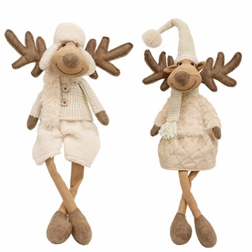 Decorative Plush Reindeer Set with Long Legs and Winter Outfits for Seasonal Home Decor 2 Asstd. - Brown, Beige, Cream