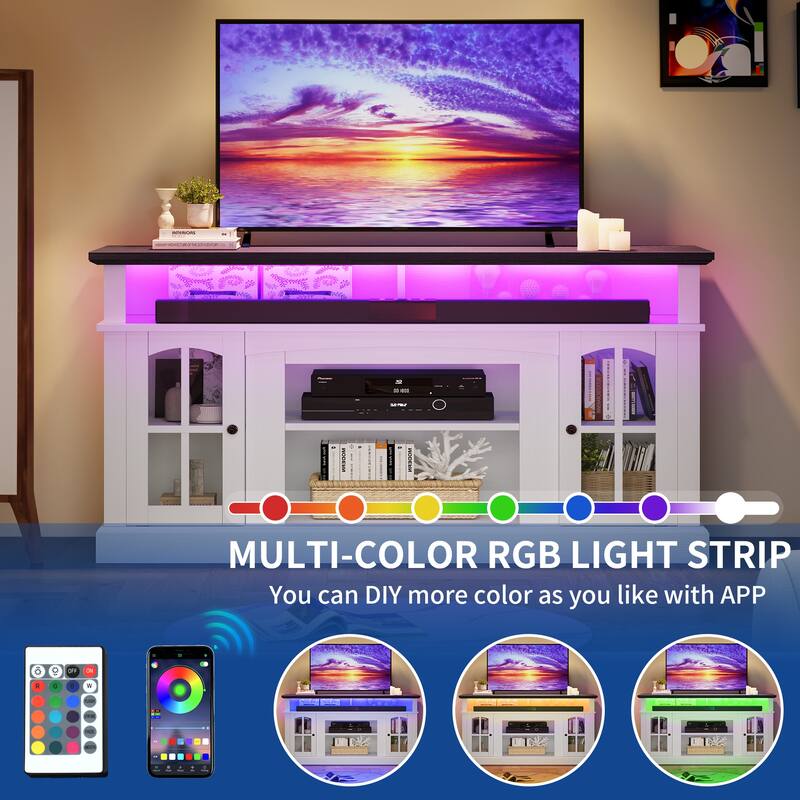 Moasis LED Farmhouse TV Stand Highboy Entertainment Center Media Console with Adjustable Shelves & Glass Doors