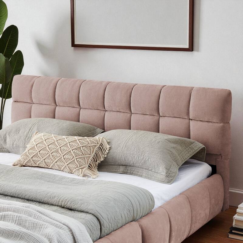 Queen Upholstered Platform Bed with Chenille Fabric, Soft Headboard & Underbed Storage Drawer, Solid Bed Frame