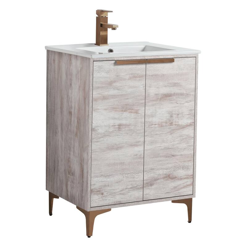Fine Fixtures Wilmington Bathroom Vanity with White Ceramic Sink. - 24 Inch - Rustic White - Rose Gold Hardware