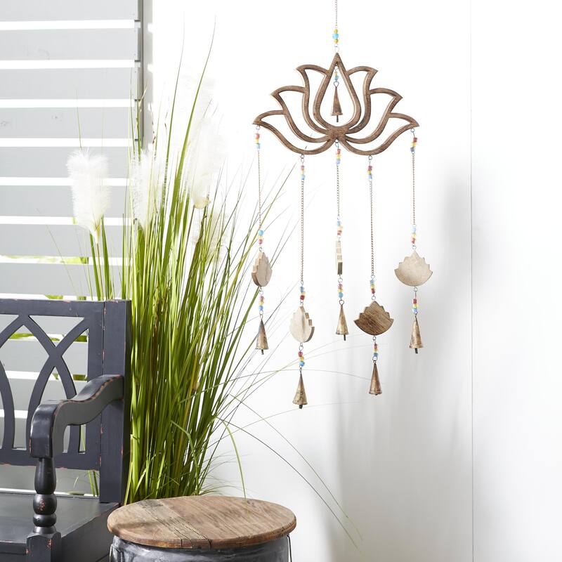 Mango Wood Floral Handmade Lotus Indoor Outdoor Windchime with Glass Beads and Cone Bells - Brown - Roche River Decor