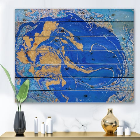 Designart 'Gold And Blue Marbled Rippled Texture III' Modern Print on Natural Pine Wood