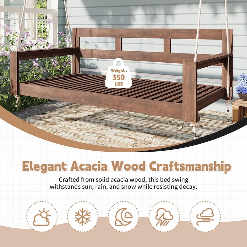 Patio Wooden Twin Size Porch Swing Daybed Frame with 4 Hanging Ropes for Backyard and Outdoor Use