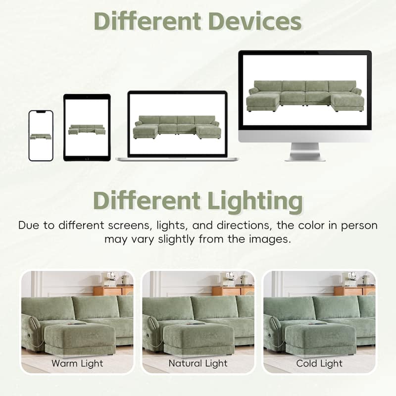 142" U-Shaped Chenille Sectional Sofa with USB & Petal Armrests